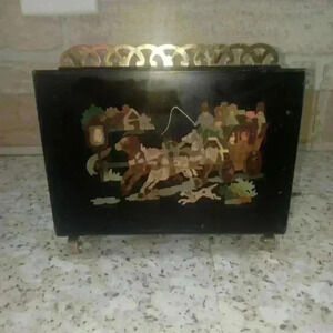 Vintage Mid Century Equestrian Magazine Rack/book Holder Black with Gold Trim
